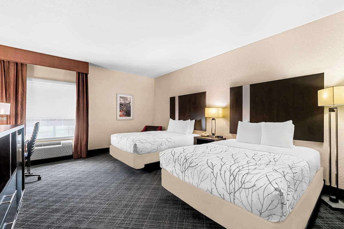 Une chambre d’hôtel avec deux lits, un bureau et une chaise.