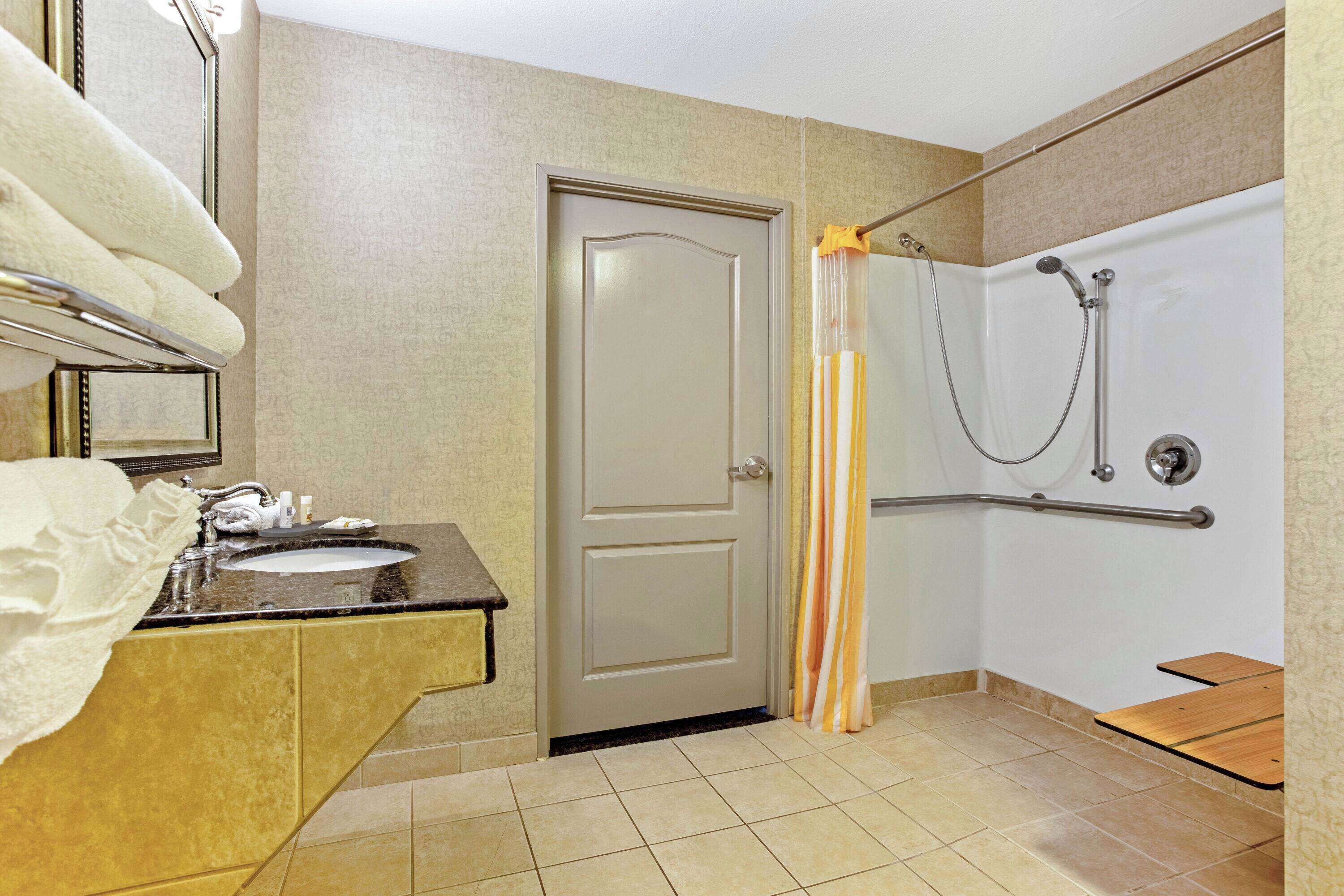 Un baño con lavamanos, espejo, toallero, ducha con barras de apoyo y una puerta.