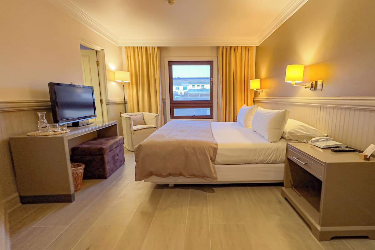 A hotel room with a bed, bedside table, lamp, TV, and a view of the outside through a window.