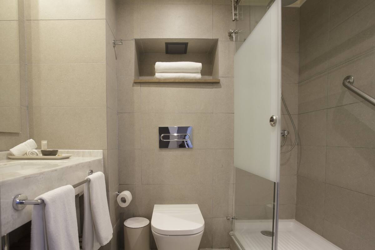 rainfall showerhead, eco-friendly toiletries, hair dryer, towels