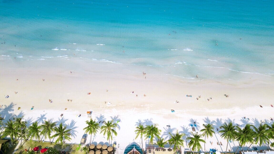 Una playa con palmeras, gente y sombrillas de playa.