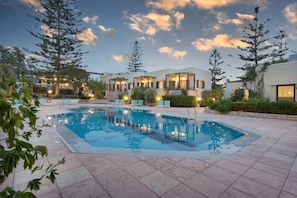 Outdoor pool, pool umbrellas, pool loungers