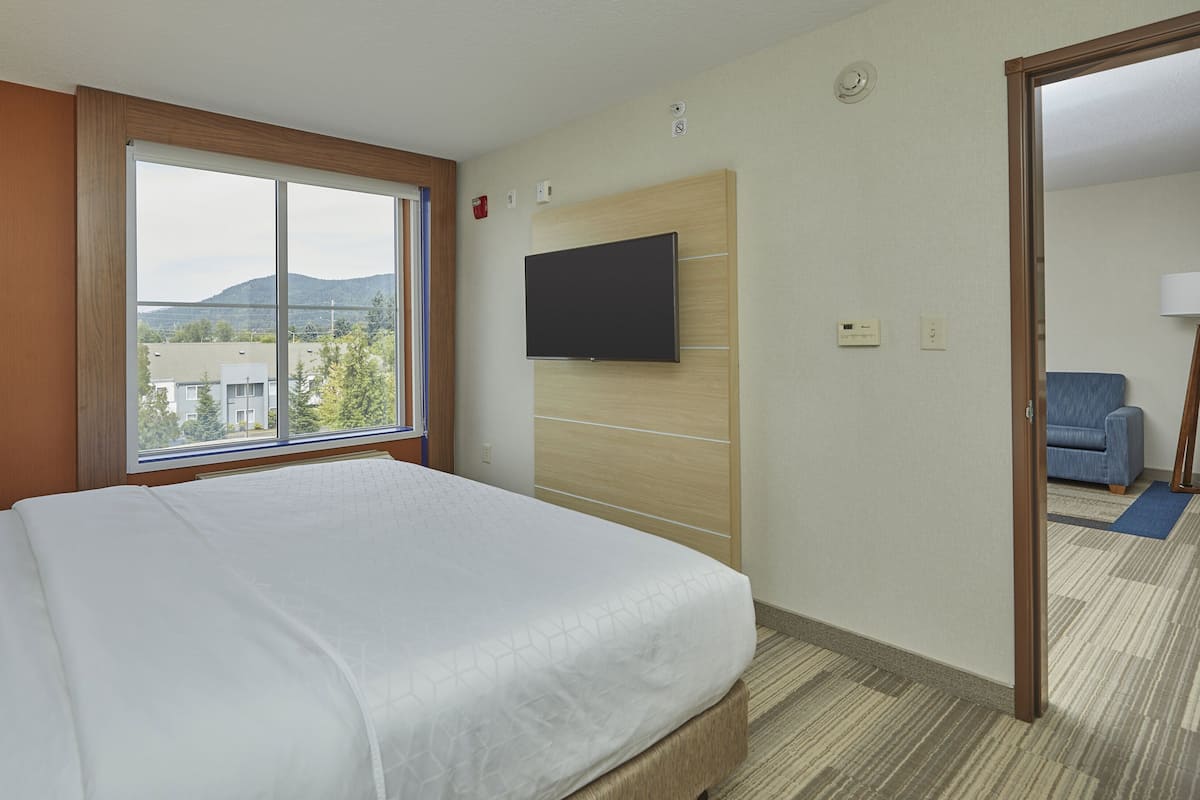 Habitación de hotel con una cama grande, un televisor montado en la pared y una ventana con vistas a edificios y colinas.