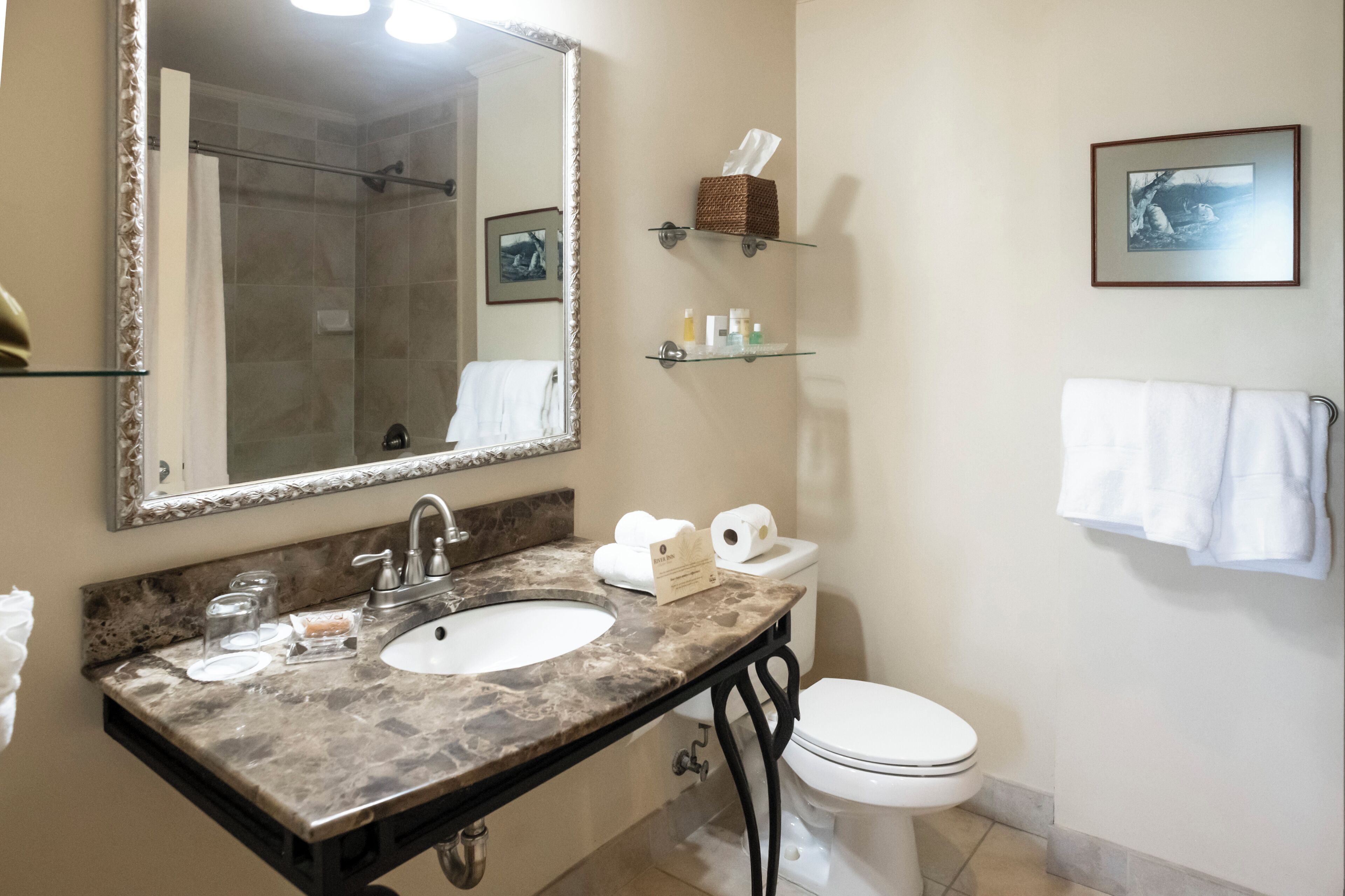 A bathroom with a marble sink, a large mirror, a toilet, and a shelf with toiletries.