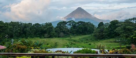Un paisaje exuberante con una montaña al fondo, una terraza de madera en primer plano y una variedad de plantas tropicales.