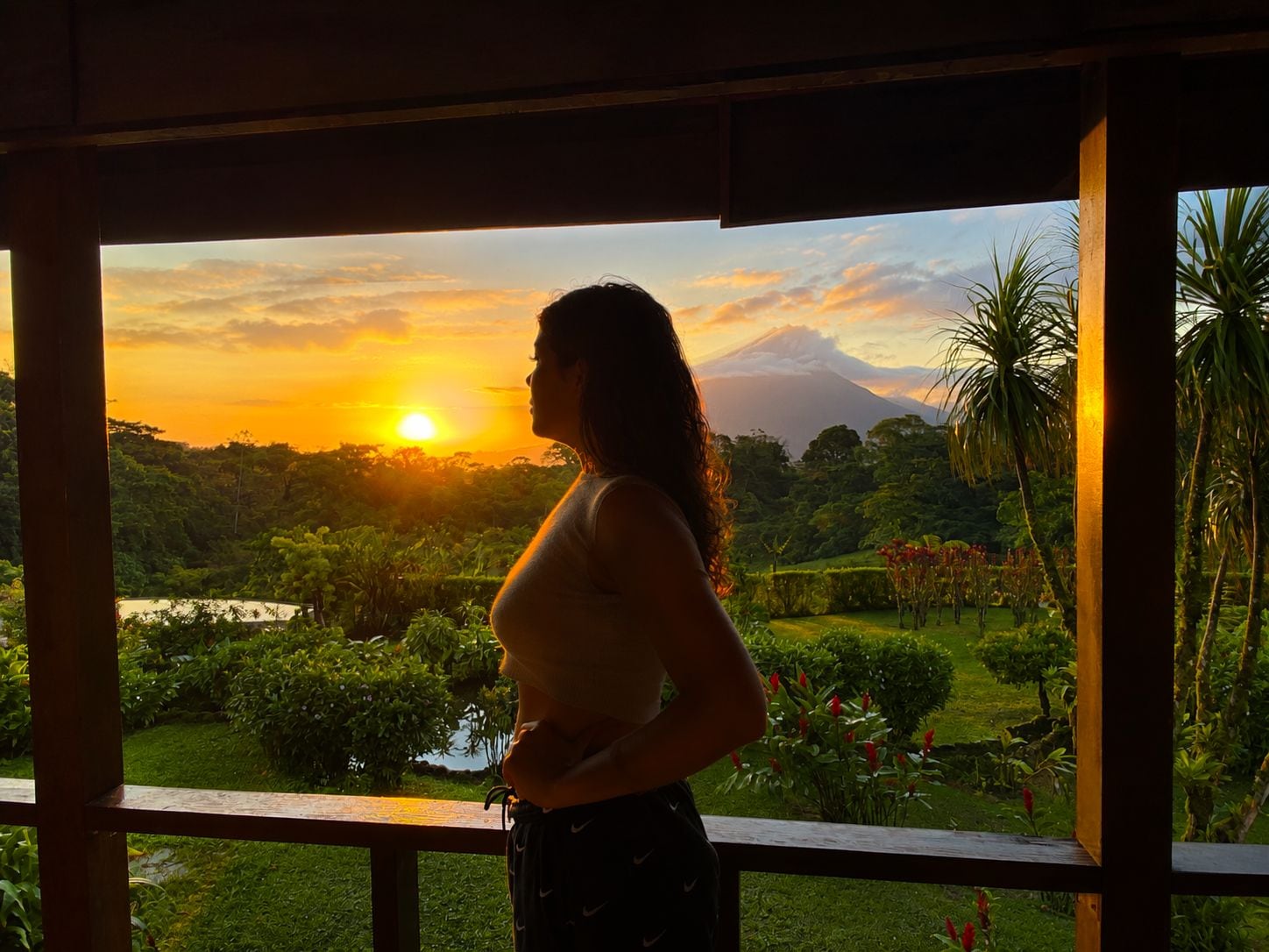 A person standing by a window overlooking a landscape with a sunset, greenery, and a mountain.