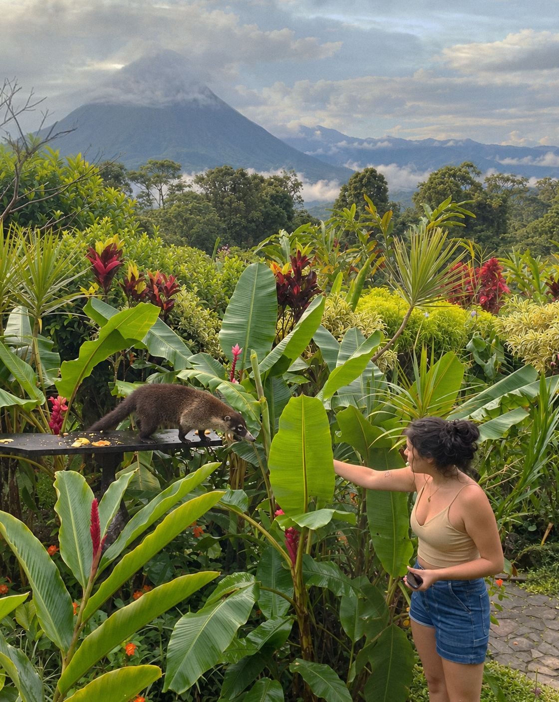 Una persona parada en un jardín con una montaña al fondo.