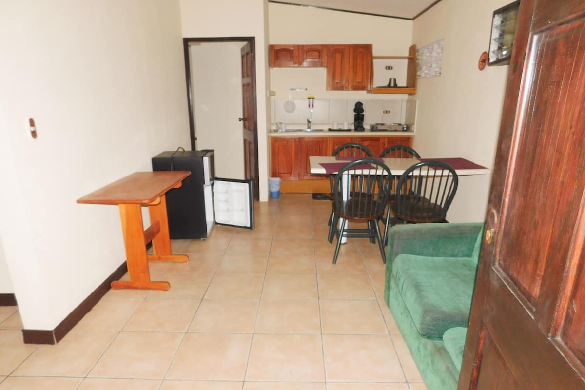 A compact living space with a dining area, a kitchenette, and a green sofa.