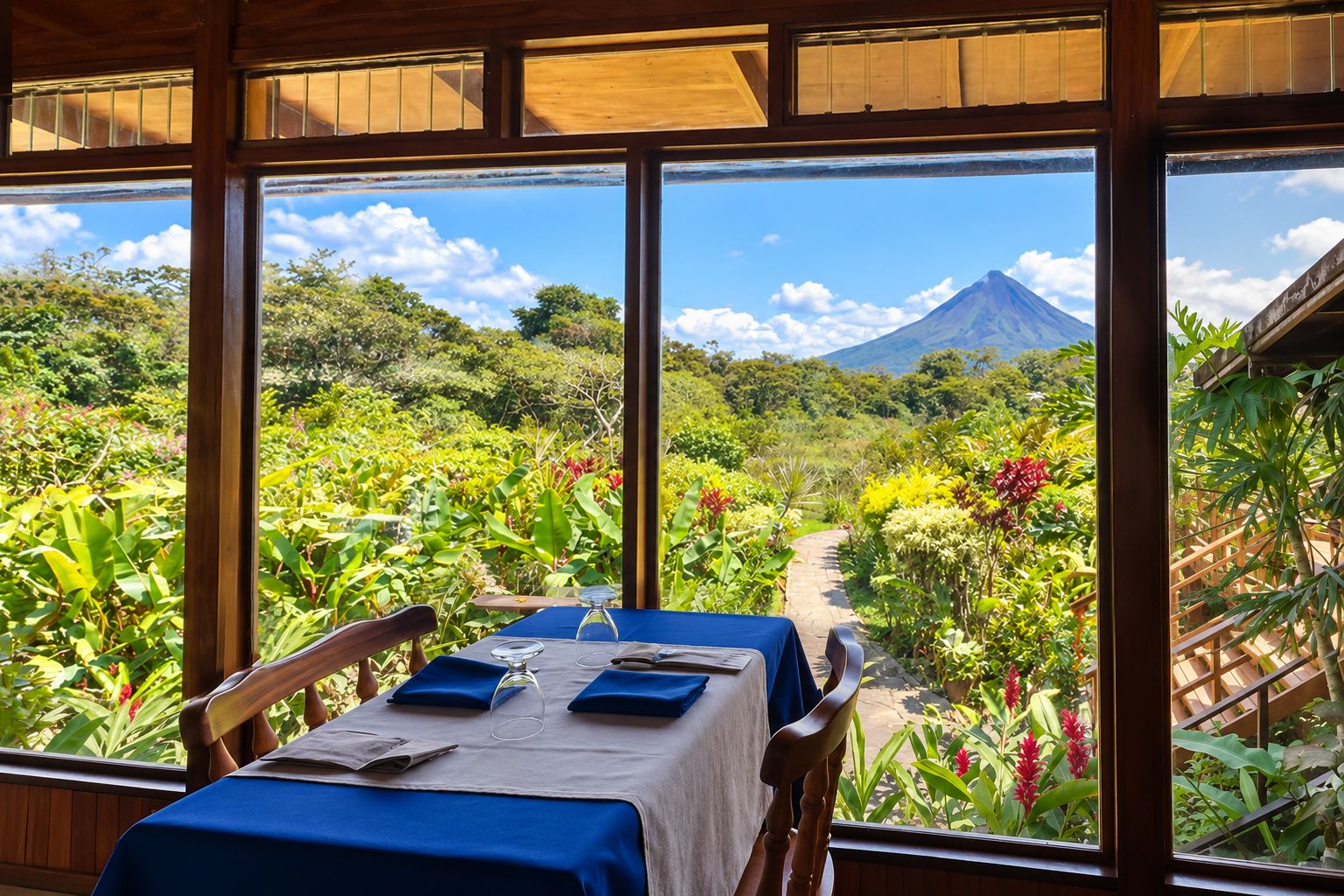 A table set for dining with a view of a mountain and lush greenery.