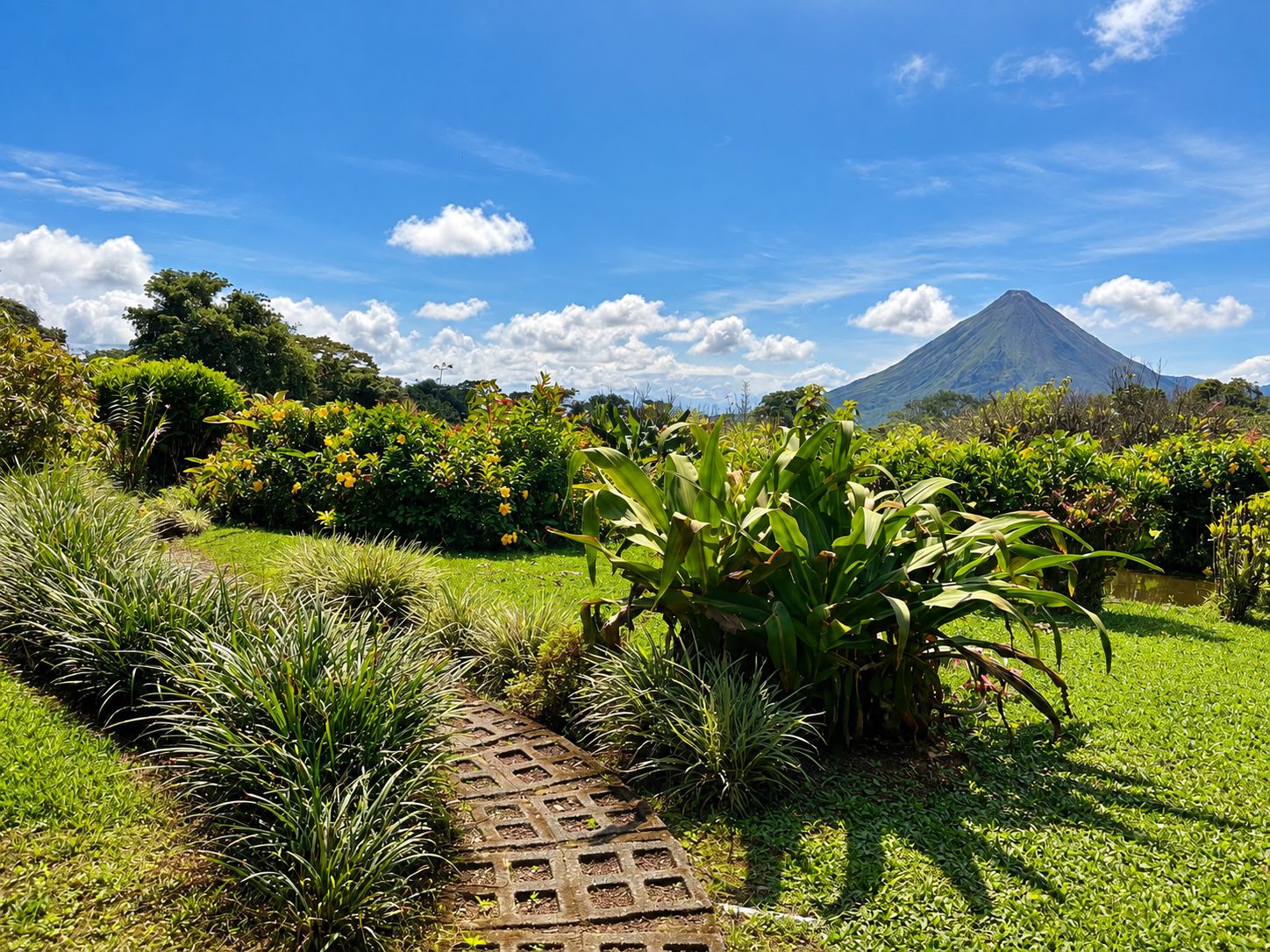 Caminho no jardim que leva a uma vista de montanhas.