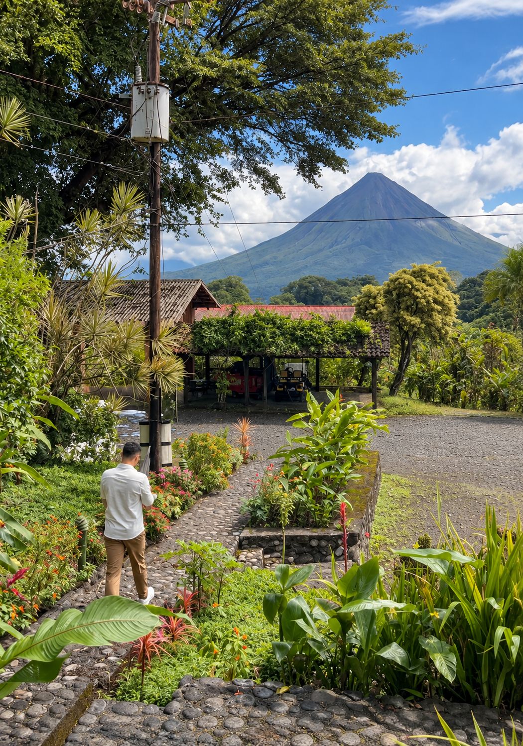 A person standing on a stone pathway with a view of a mountain and a building with a red roof.