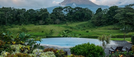 A pool surrounded by lush greenery and a mountain in the background.
