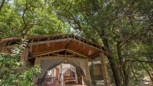 A rustic wooden structure with a thatched roof, stone flooring, and a bed with a canopy.