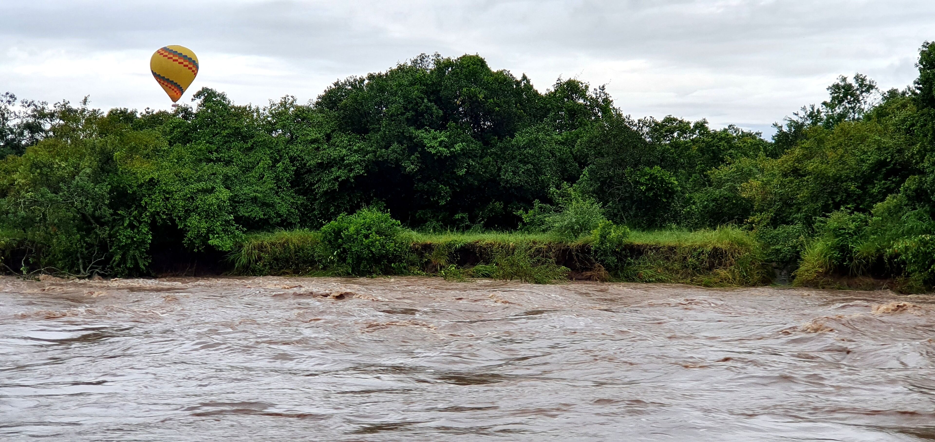 A river with a hot air balloon in the distance.