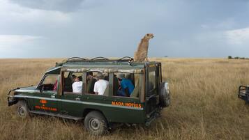 A safari vehicle with passengers and a cheetah on the roof, parked in a field.