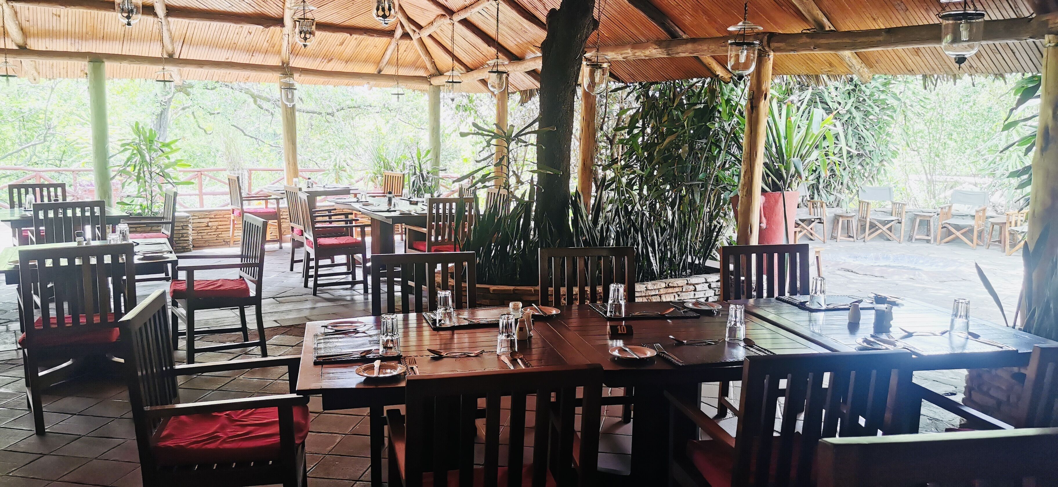 Un restaurant en plein air avec des tables et des chaises en bois, entouré de verdure et doté d’un toit de chaume.