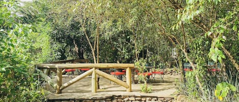 Una terraza de madera con paredes de piedra, rodeada de follaje denso y árboles.