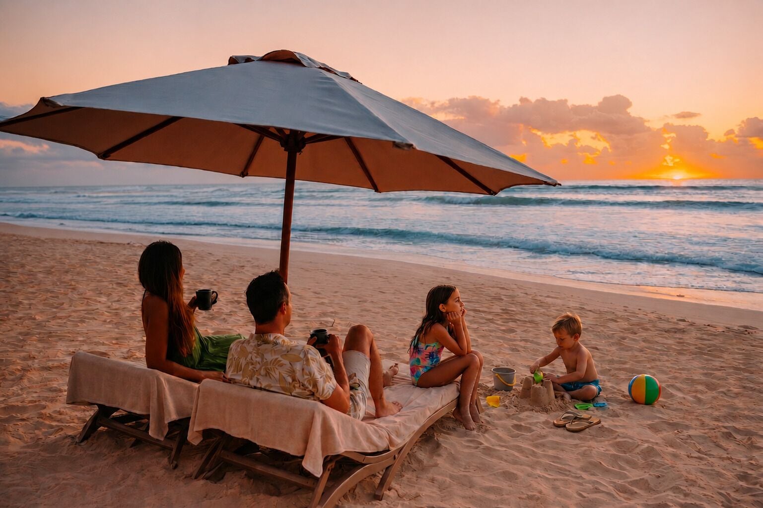 A beach scene with a family under a large umbrella, a table with a tablecloth, and a child playing with a ball.