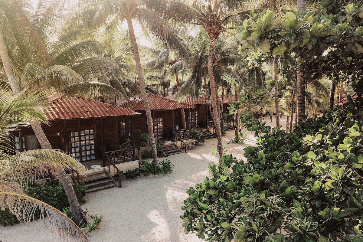 Wooden cabins surrounded by palm trees at Petit Lafitte Playa del Carmen Boutique Hotel