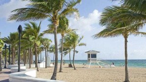 Une plage bordée de palmiers, une tour de surveillance pour les sauveteurs et une promenade sinueuse.