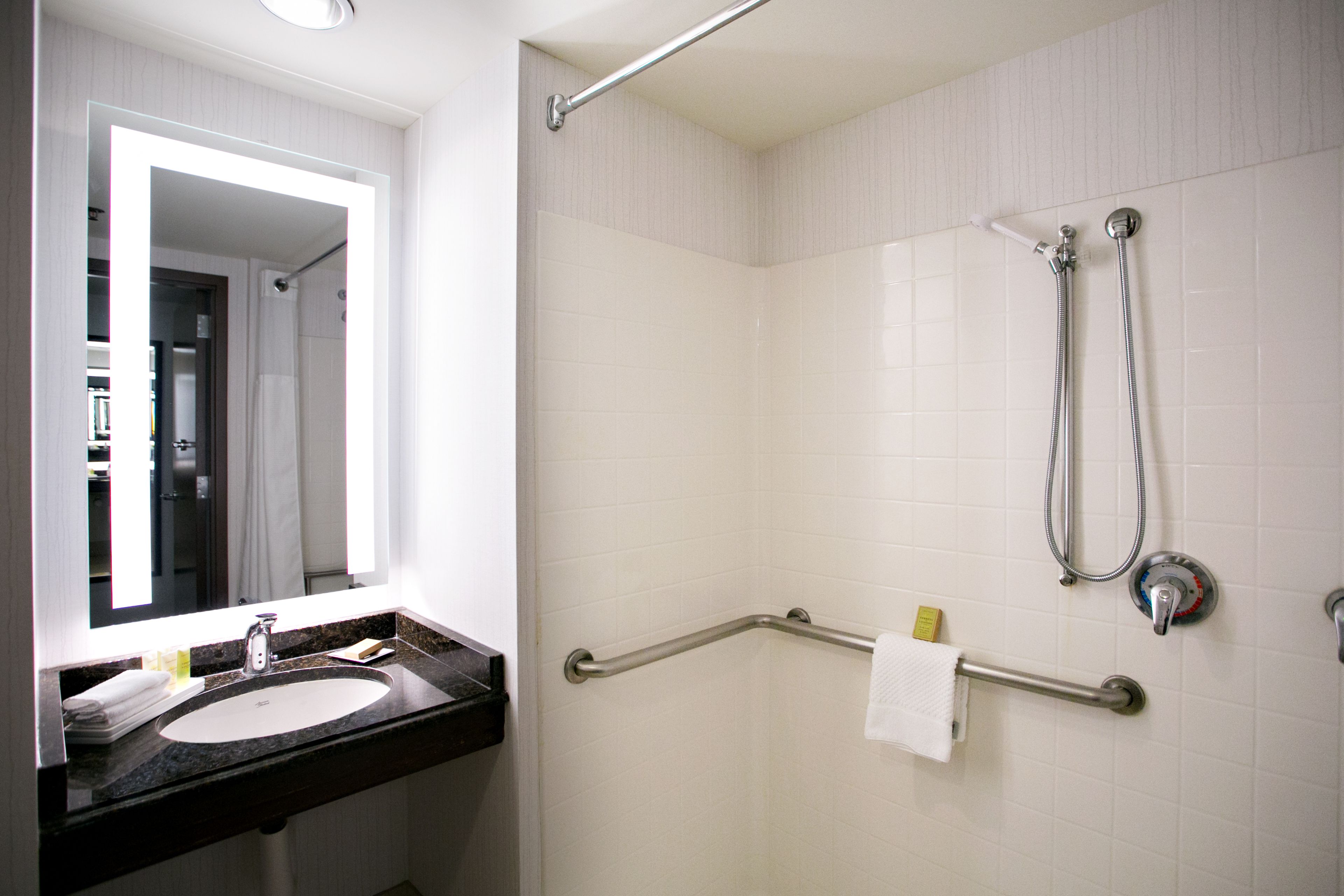 Baño con lavamanos, espejo, ducha y barras de apoyo.