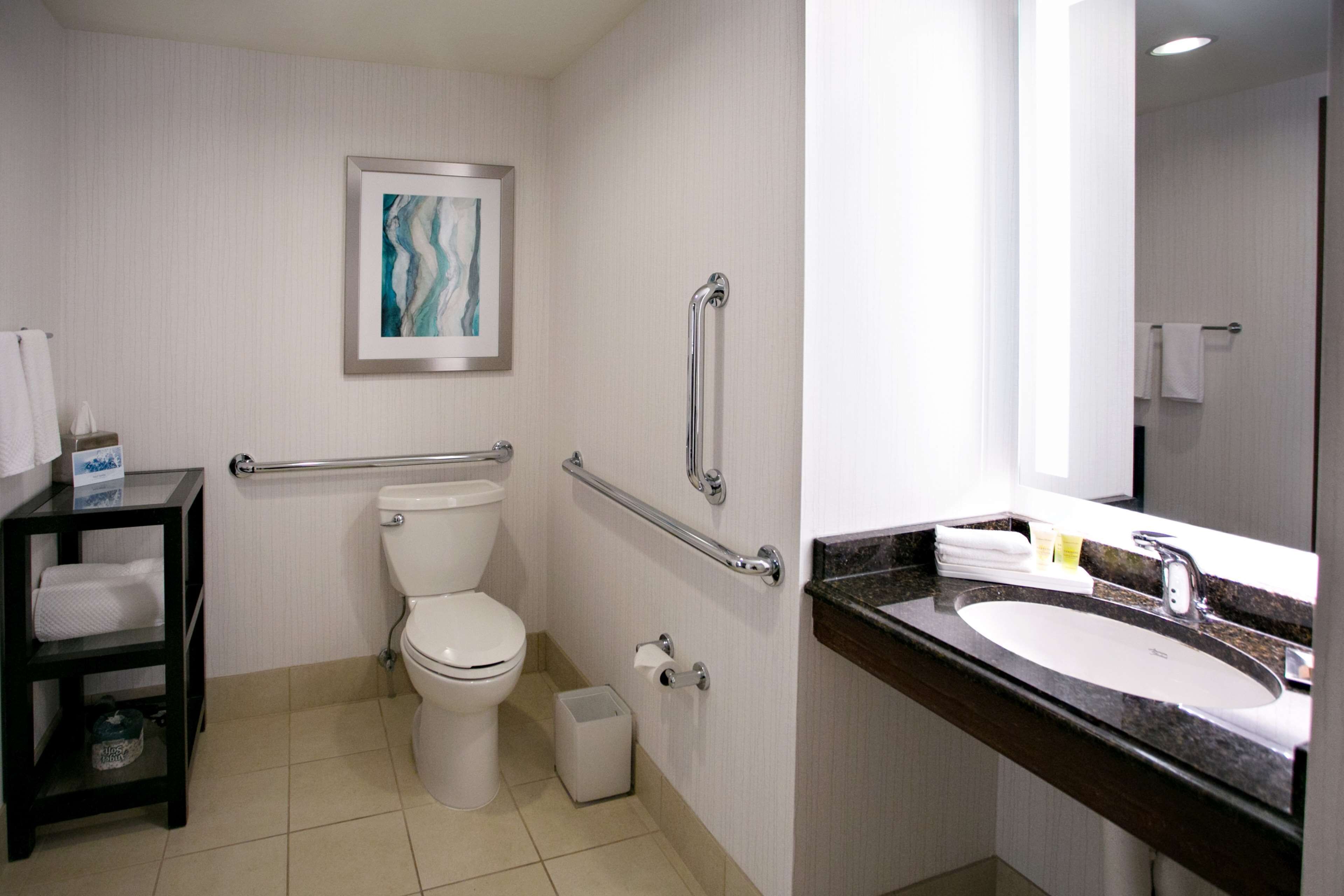 combined shower/bathtub, designer toiletries, hair dryer, towels