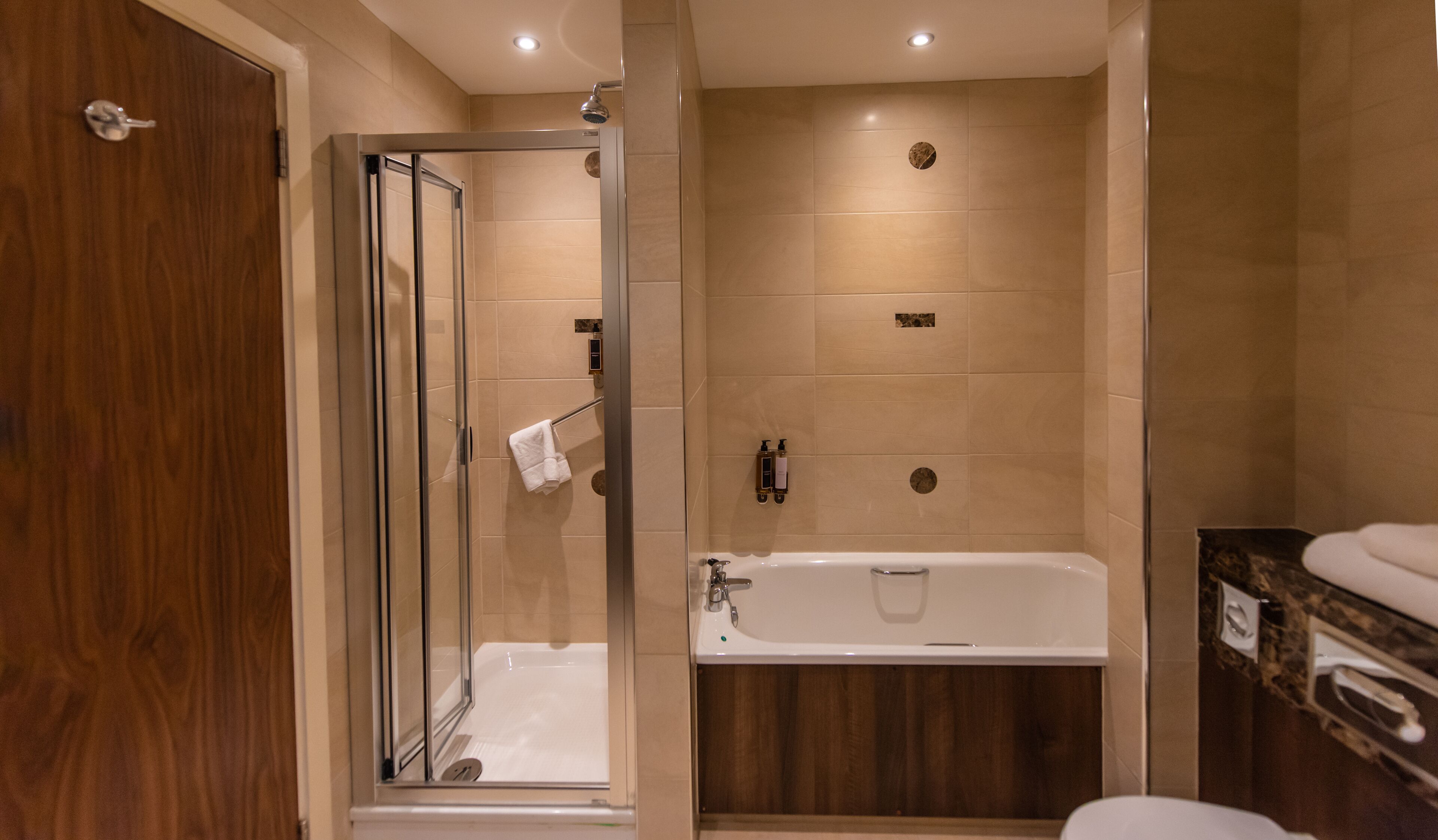 shower, free toiletries, hair dryer, towels