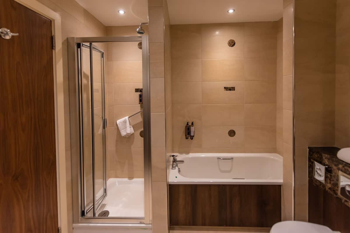 shower, free toiletries, hair dryer, towels