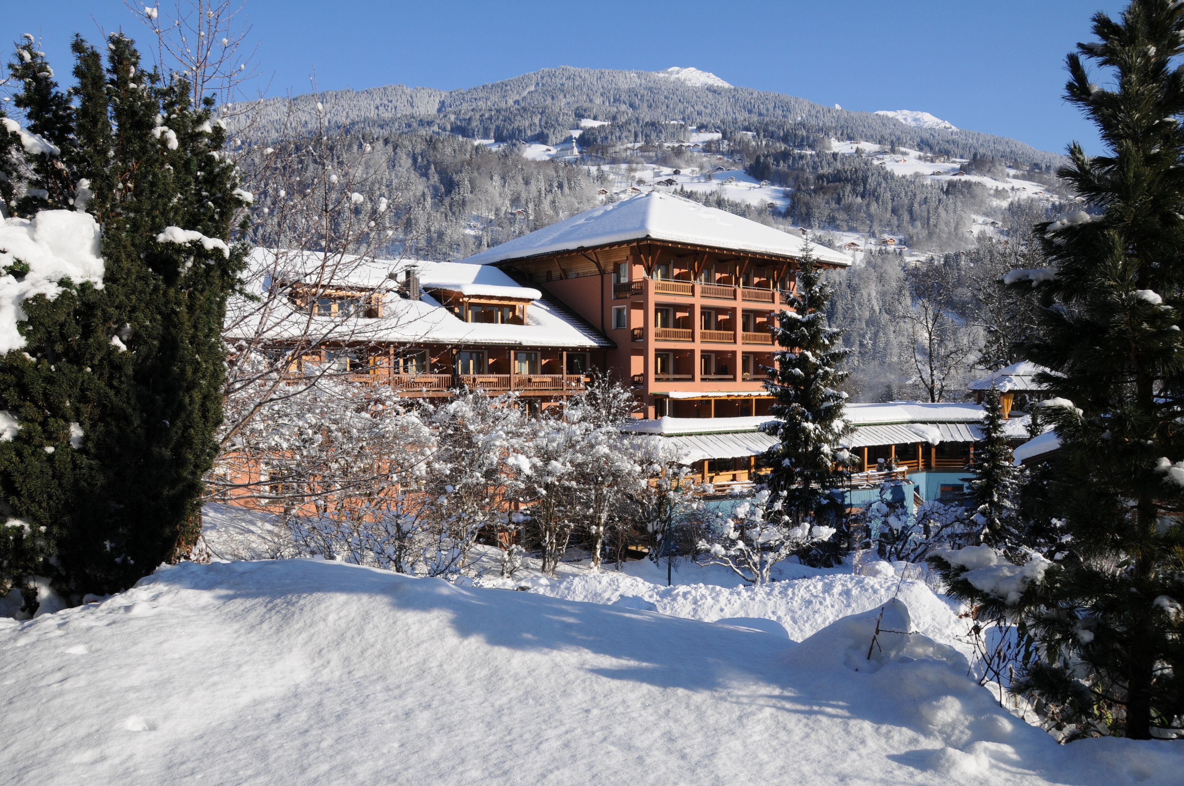 A lodge with multiple floors, large windows, and a snow-covered roof, surrounded by trees and a mountainous backdrop.