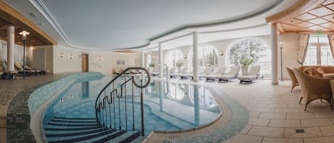 Indoor pool, outdoor pool, pool umbrellas, pool loungers