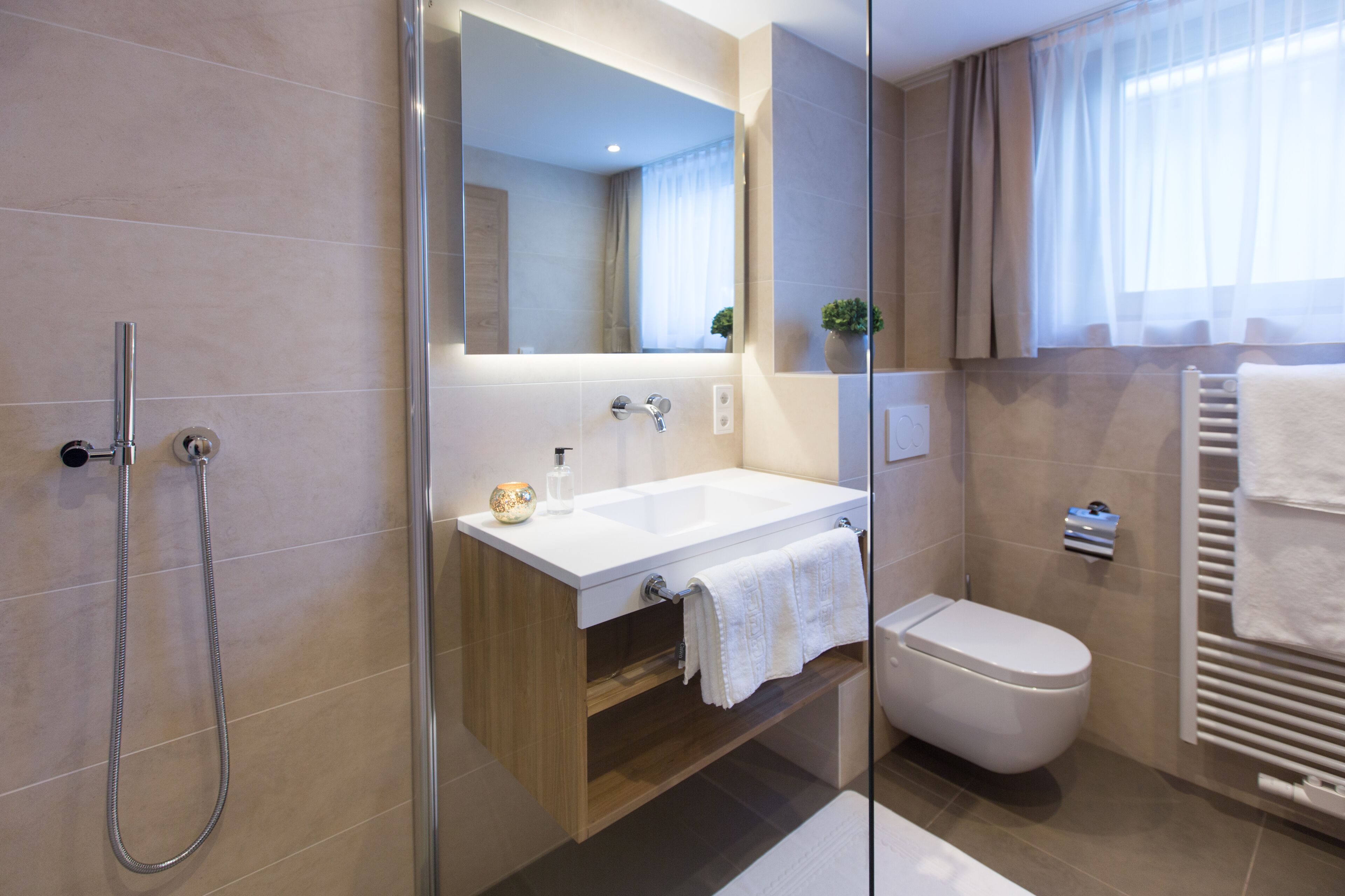 A modern bathroom with a glass shower enclosure, a white sink, and a toilet.