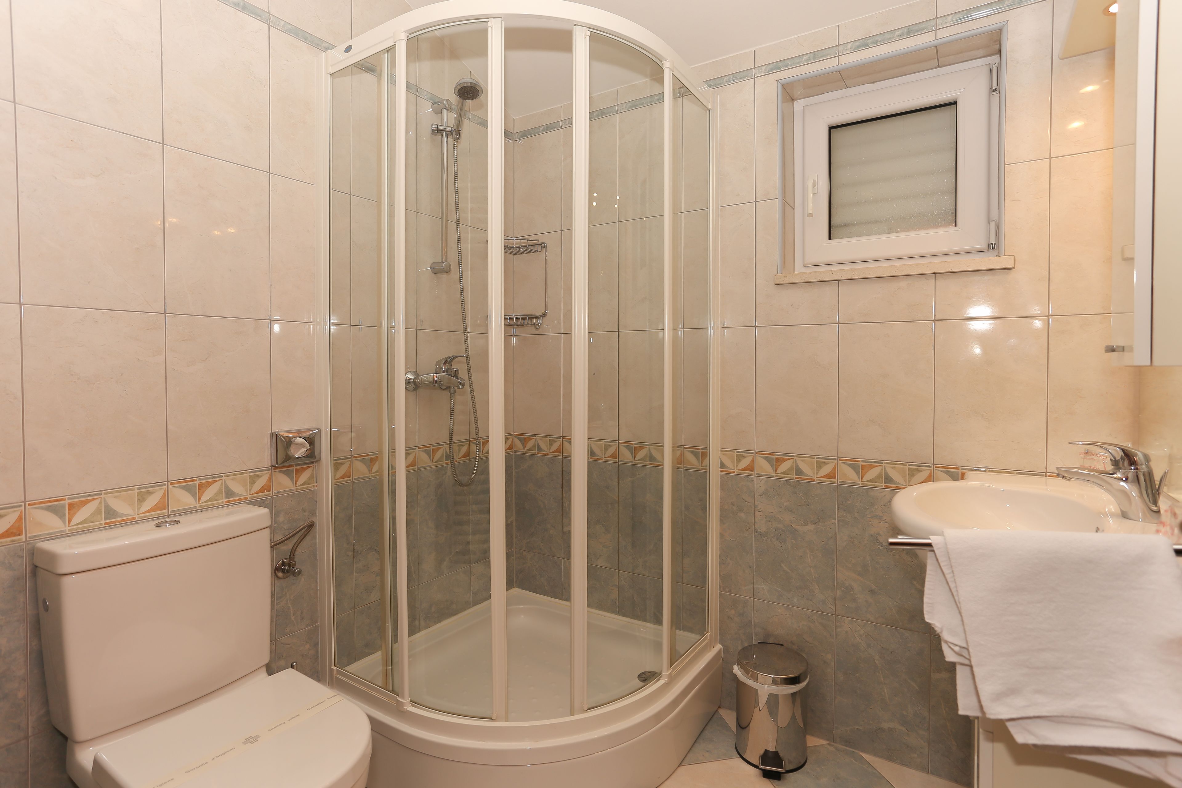 Een badkamer met een douchecabine van glas, een toilet, een wastafel en een prullenbak.