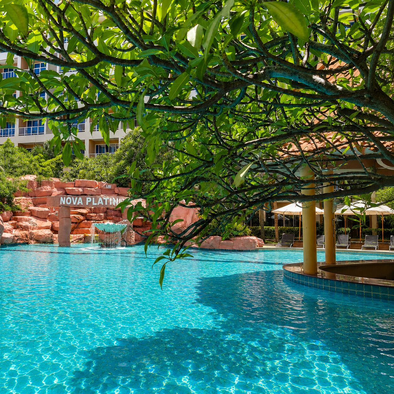 Ein klares, blaues Schwimmbecken mit einer Felsformation, auf der 'NOVA PLATINUM' steht, und Liegestühle im Poolbereich.