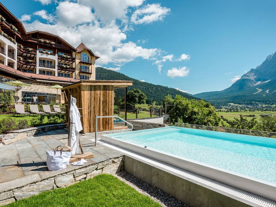 Indoor pool, outdoor pool, pool umbrellas