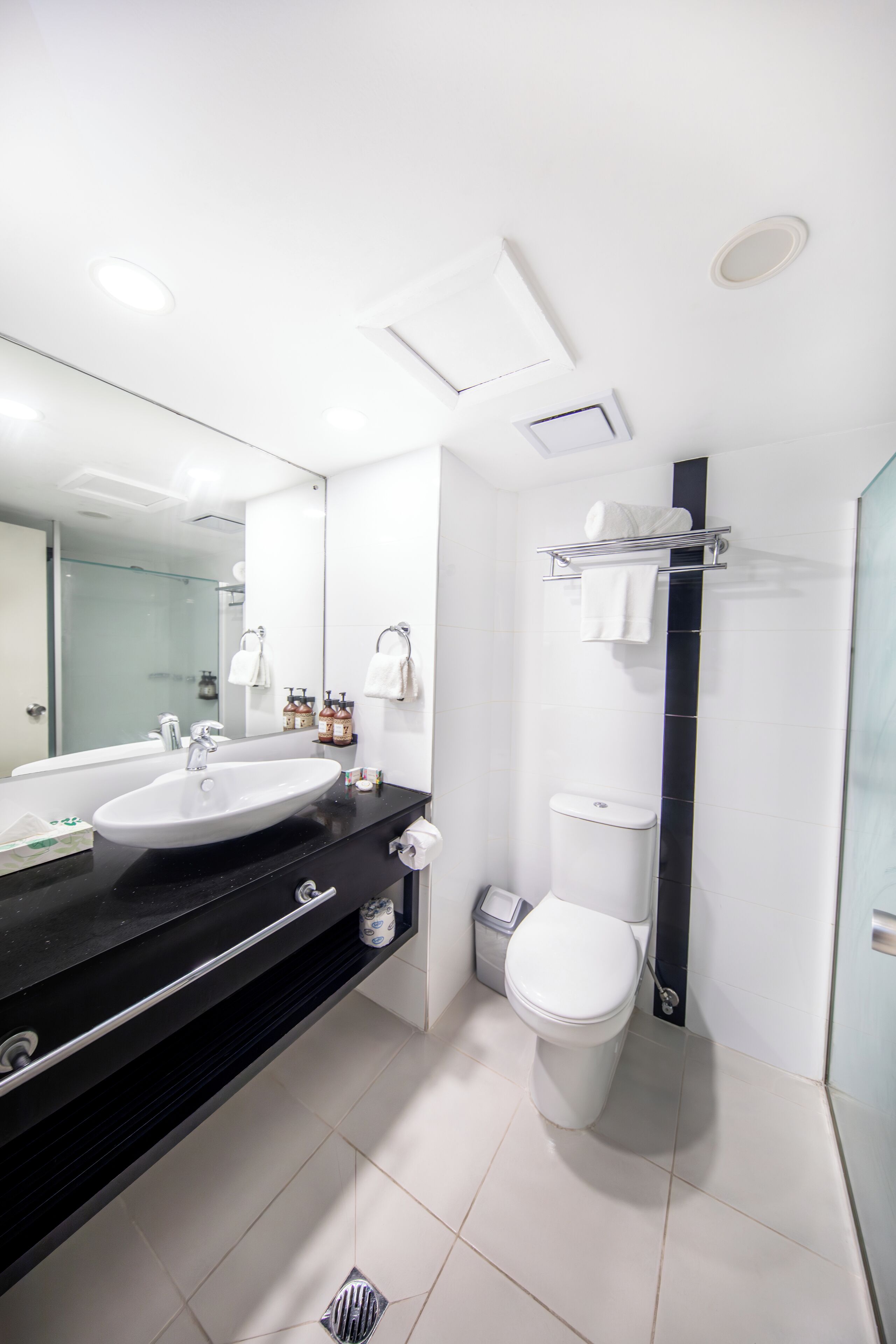 A modern bathroom with a black countertop, white sink, and a large mirror.