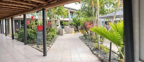 Een overdekte doorgang met betegelde vloer, omringd door tropische planten en palmbomen, die naar een gebouw leidt met een bord waarop 'ROOMS' staat.