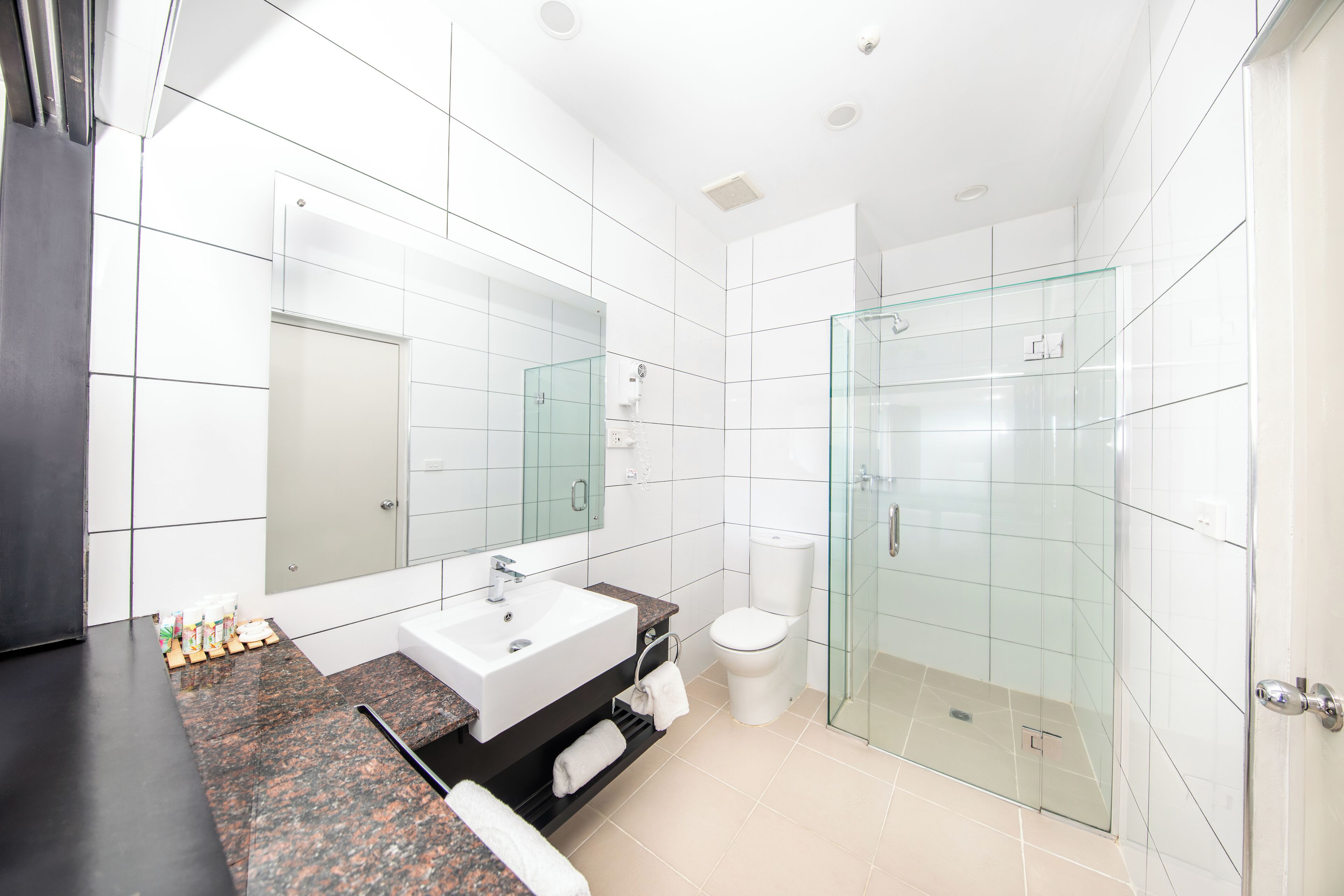 Un bagno moderno con doccia vetrata, lavandino bianco e uno specchio grande.
