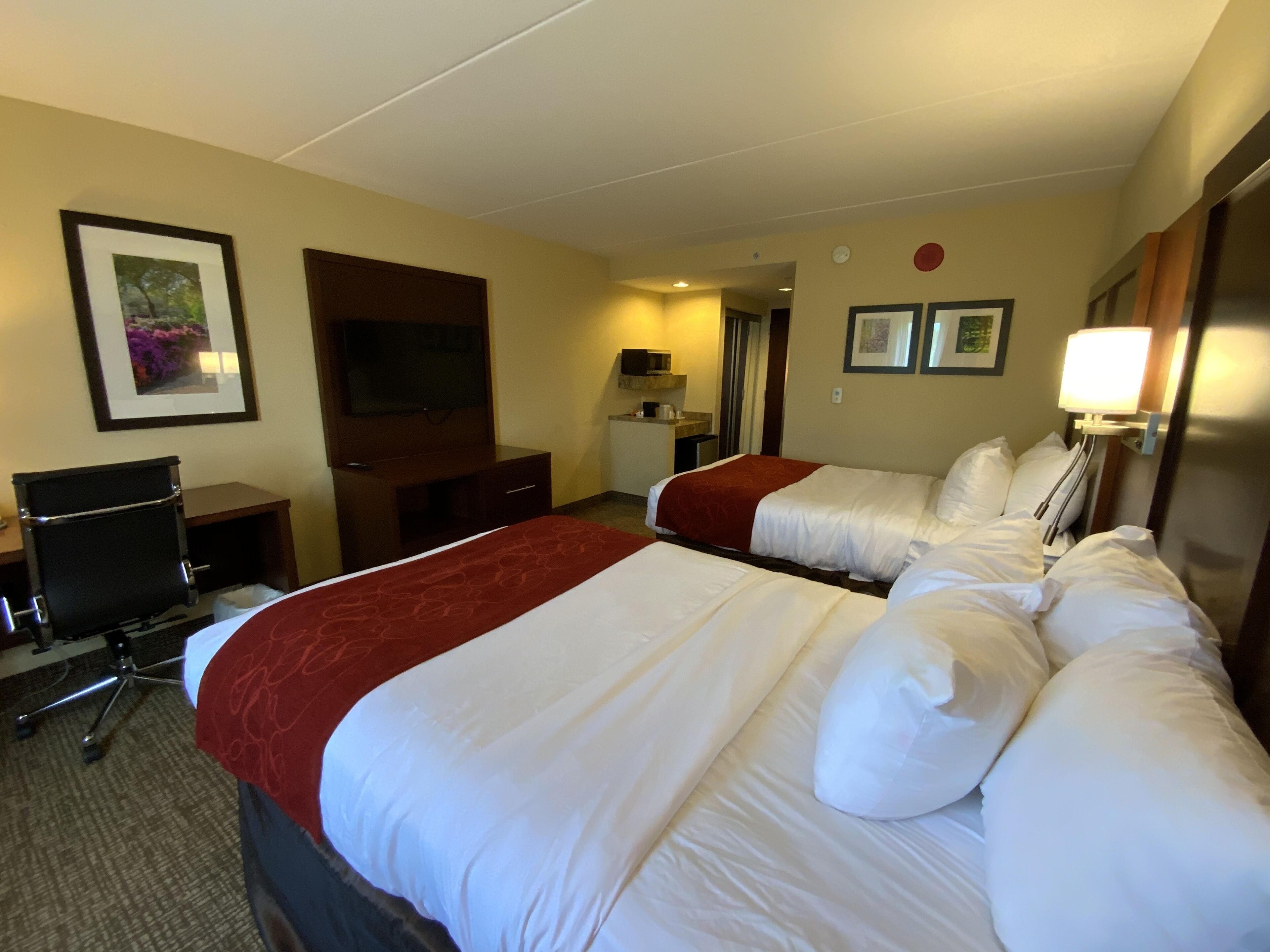 A hotel room with two beds, a desk, a chair, a TV, and a bathroom.