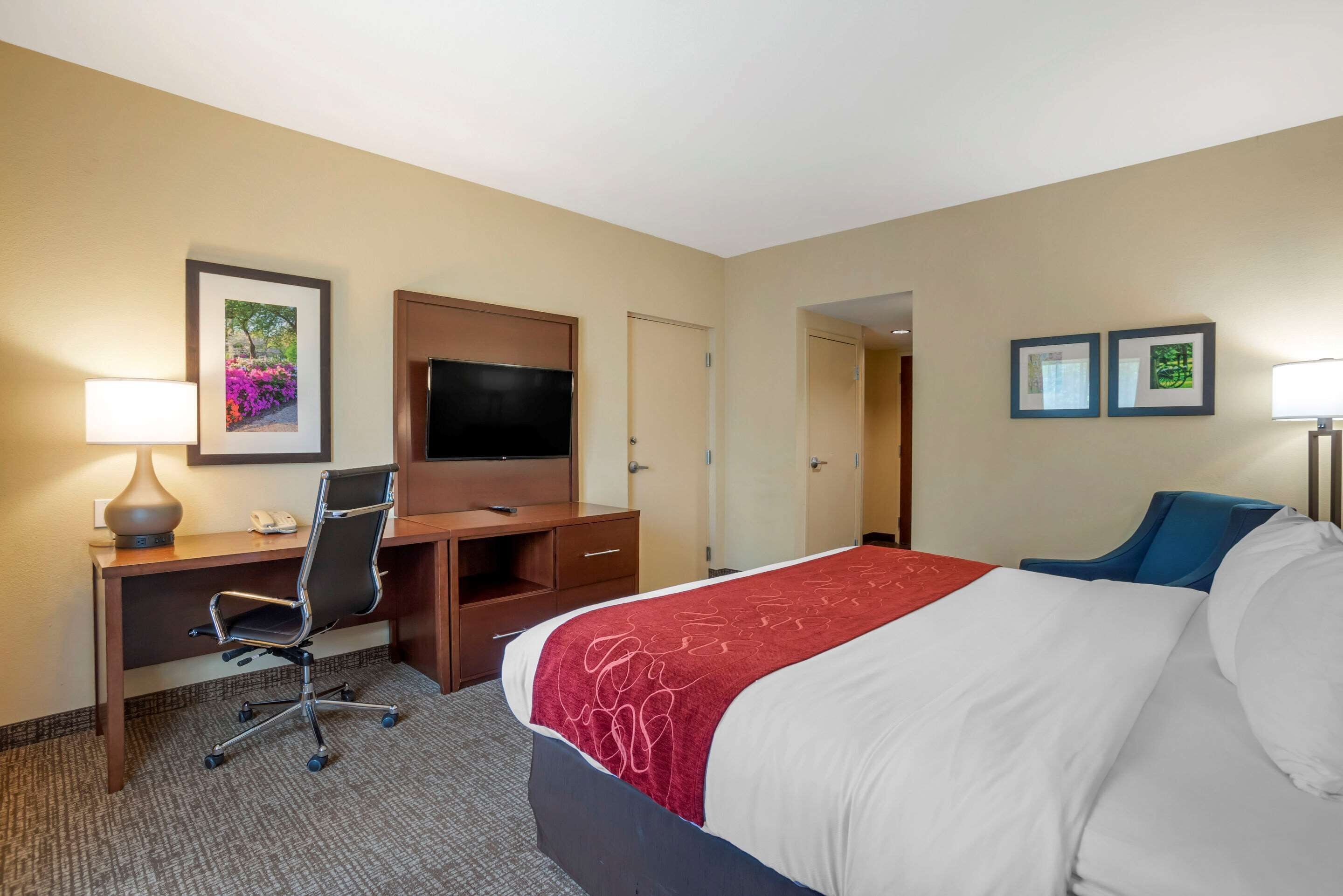 A hotel room with a bed, desk, chair, television, and framed pictures on the wall.