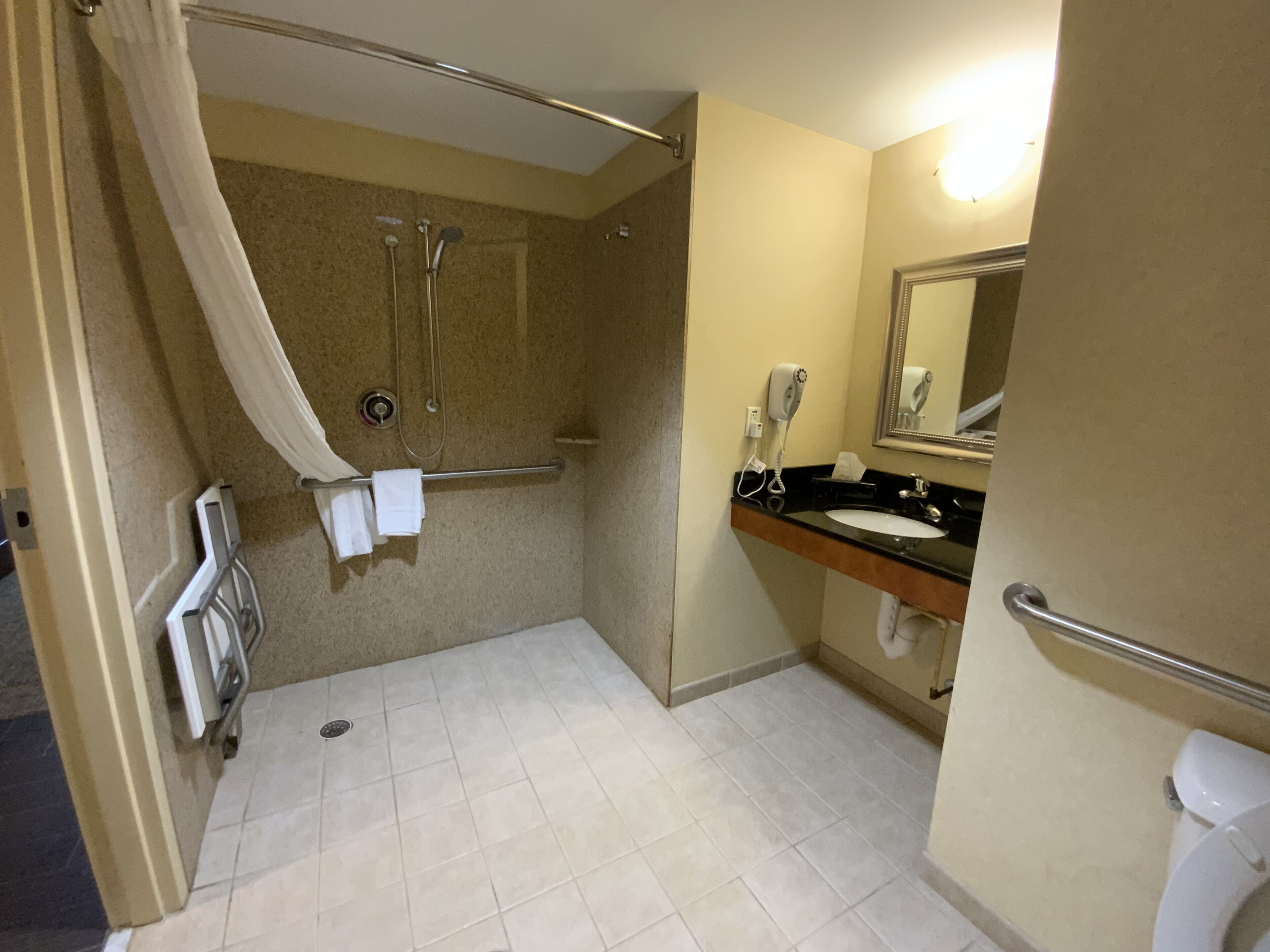 A hotel bathroom with a walk-in shower, a sink, a toilet, and a mirror.