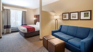 Una habitación de hotel con una cama, un sofá azul, una lámpara de pie y tres cuadros en la pared.