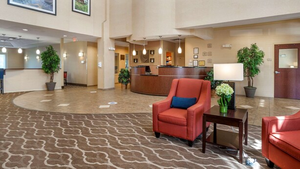 Un hall de hotel con mostrador de recepción, zona de estar y plantas decorativas.