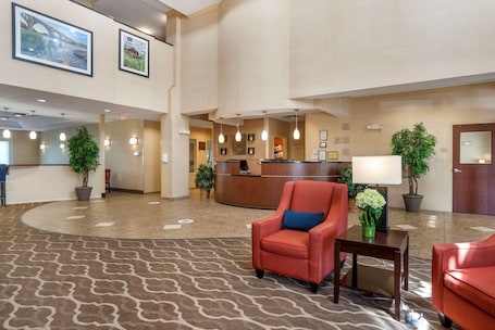 A hotel lobby with a reception desk, seating area, and decorative plants.