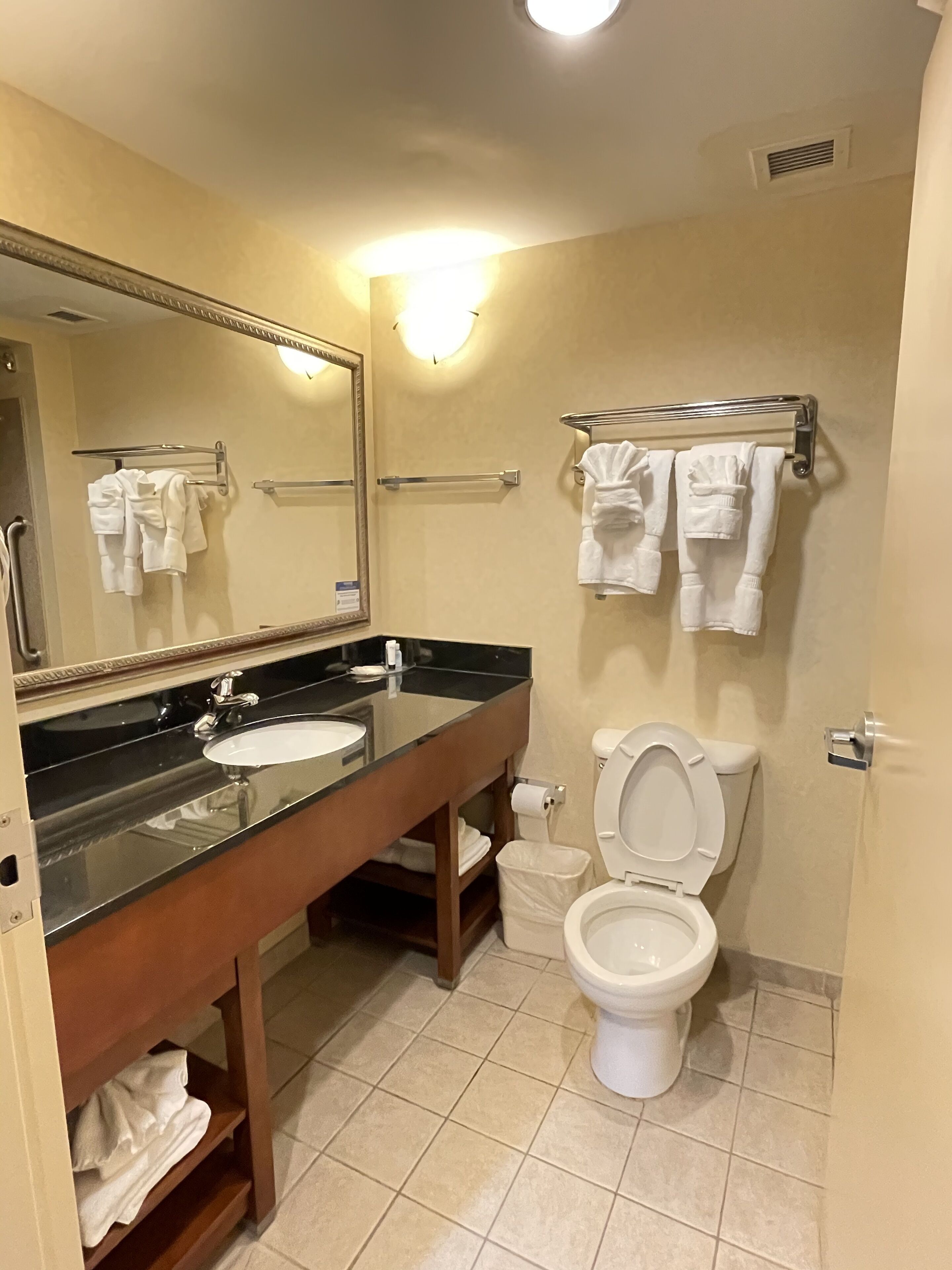 A bathroom with a sink, mirror, towel rack, and toilet.