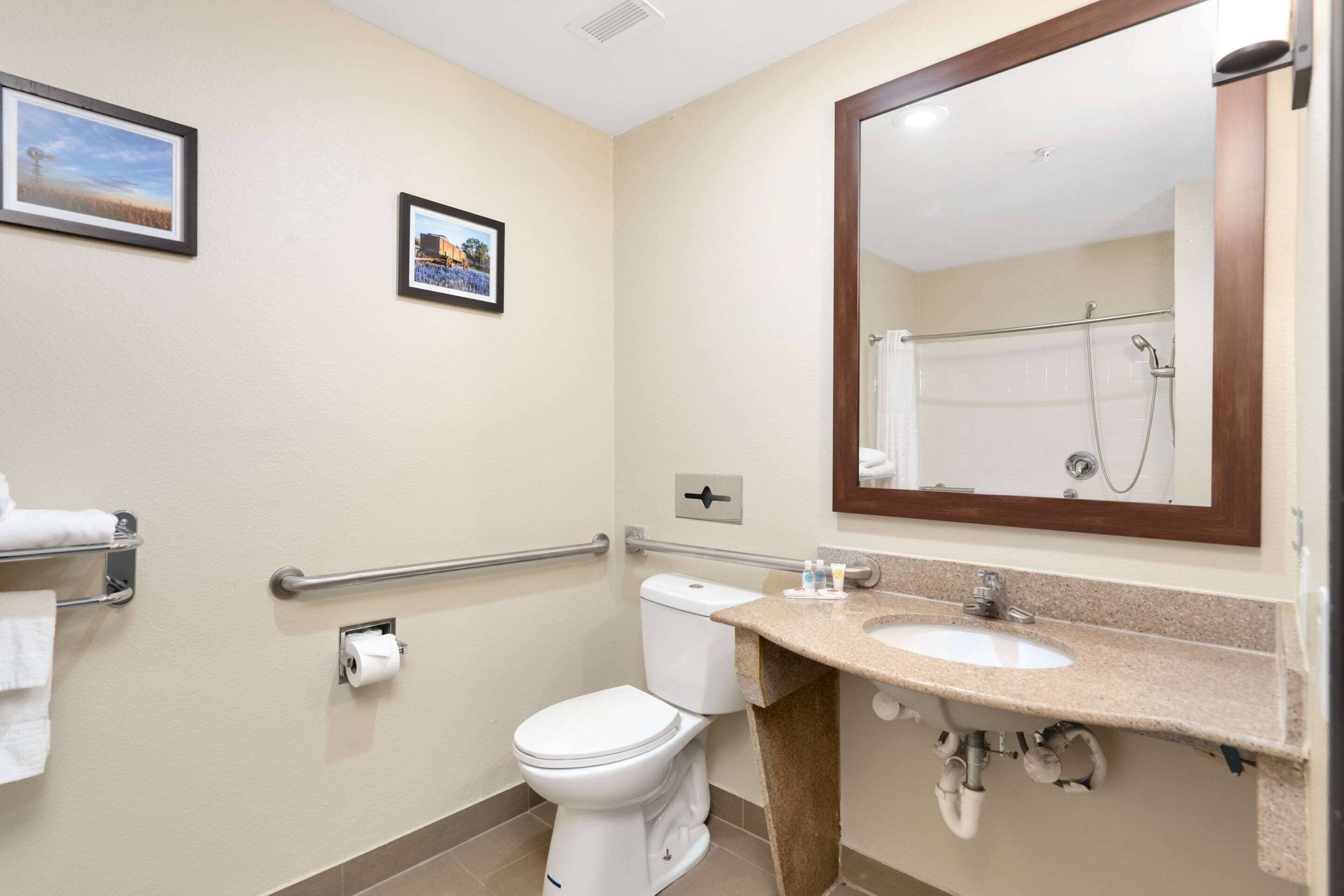A bathroom with a toilet, sink, and shower. There are handrails and a mirror above the sink.