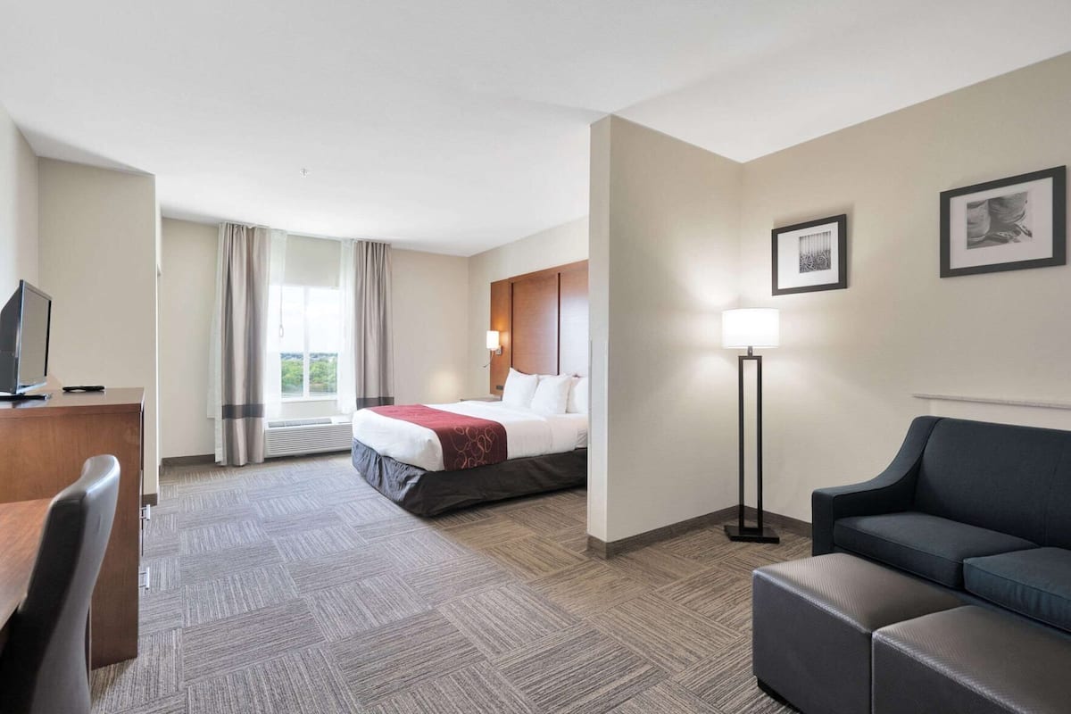 A hotel room with a bed, a desk, a chair, a sofa, a standing lamp, and a window with curtains.
