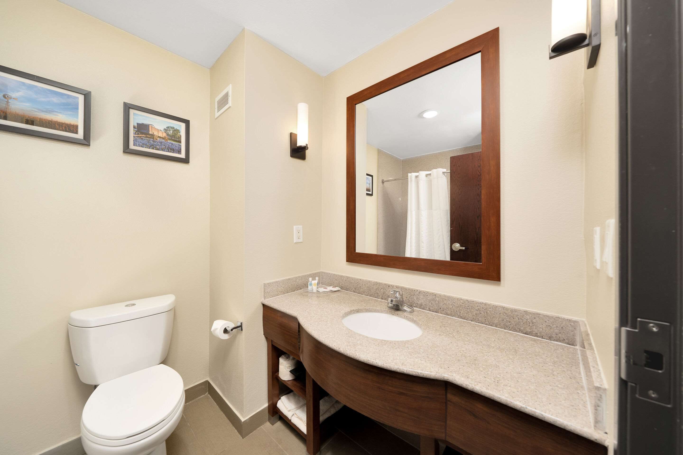 Une salle de bain comprenant des toilettes, un lavabo, un meuble-lavabo et un grand miroir.