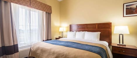 A hotel room with a large bed, two bedside tables with lamps, a window with curtains, and a framed picture on the wall.
