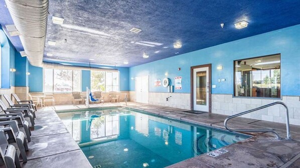 Indoor pool, open 8:00 AM to 9:30 PM, sun loungers