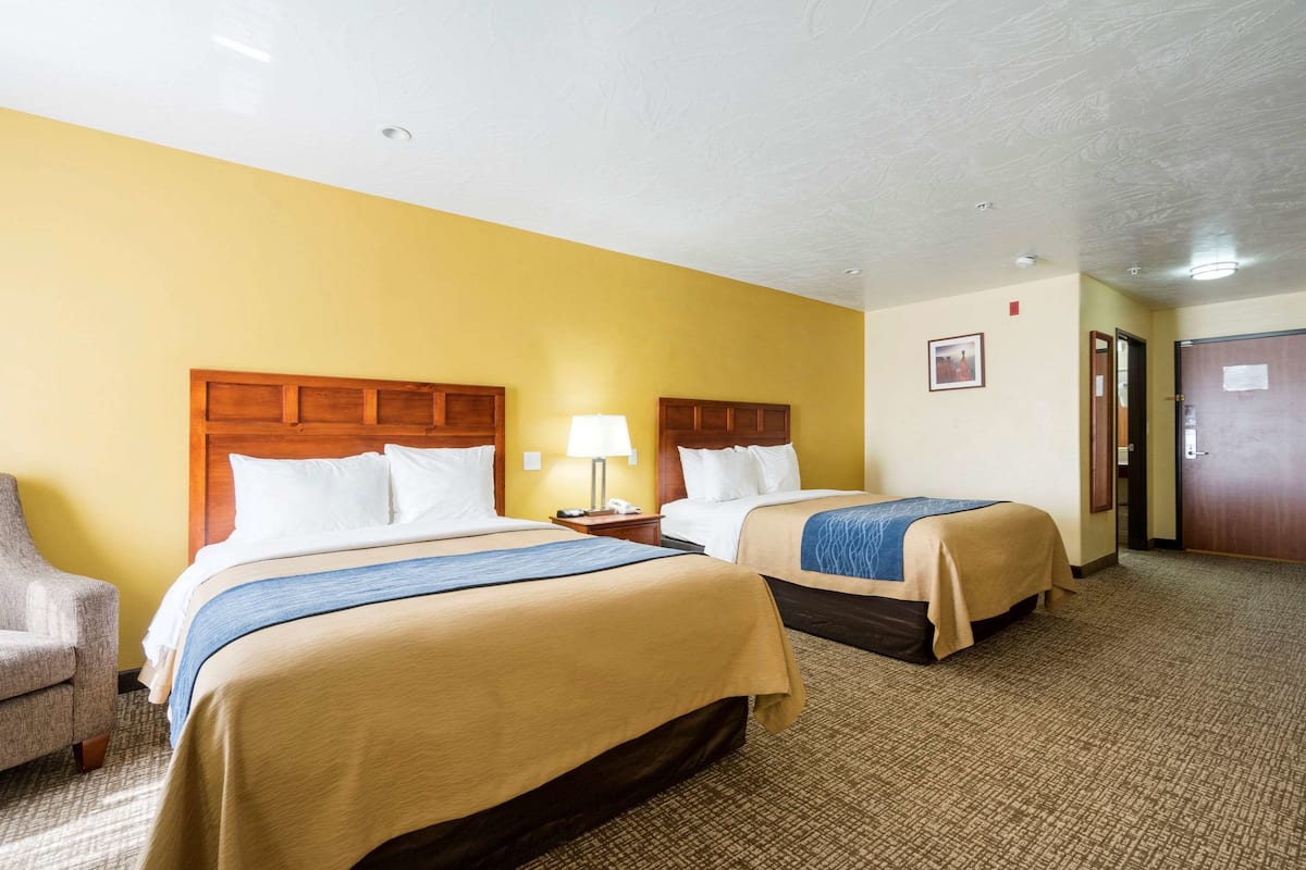 Habitación de hotel con dos camas, una silla y una puerta.